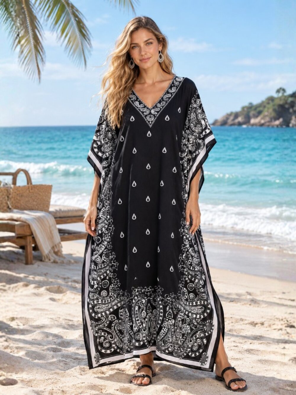 Plus Size Black Paisley Kaftan Maxi Dress Kimono Sleeve Beach Cover Up for Girls